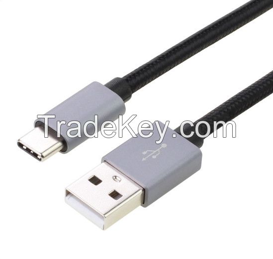 Metal Case USB 2.0 A Male to USB 2.0 Type C Male Fabric braided Cable for Android phone