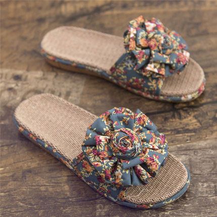 linen summer flower flat women slippers