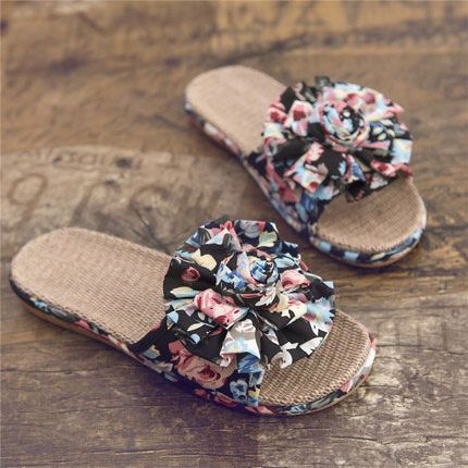 linen summer flower flat women slippers