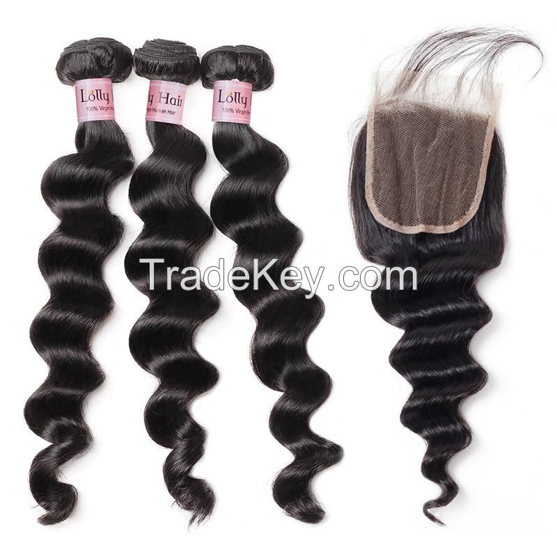 Lolly  Brazilian Virgin Loose Deep Wave Human Hair Extensions 3Bundles with Lace Closure