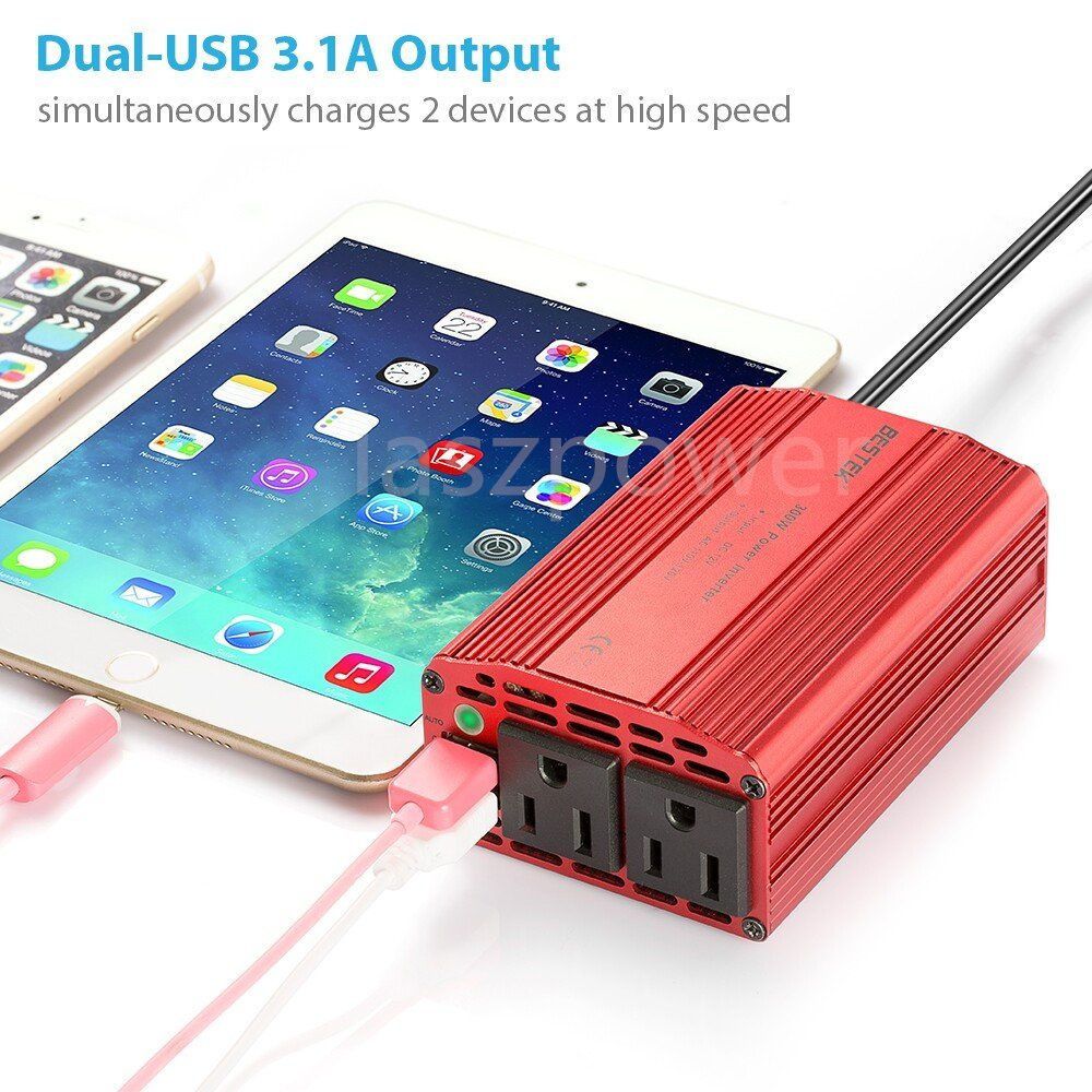 BESTEK 300W Dual DC 12V to 110V AC Outlets Power Inverter Car Adapter 2 USB Port