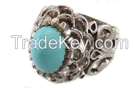 silver turquoise Nishapuri king ring