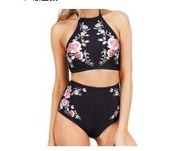 Black Retro High-Waisted Halter Padded Bathing Suit Rose Printing