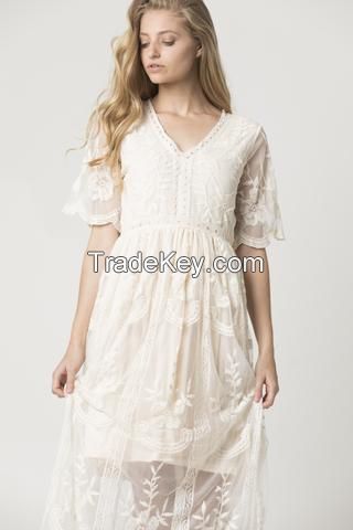 Women's Embroidered Boho Maxi Dress 