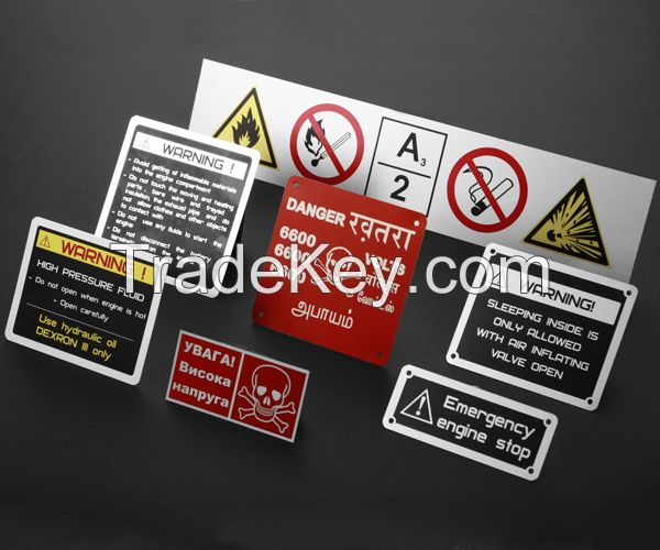 Anodized aluminum warning labels