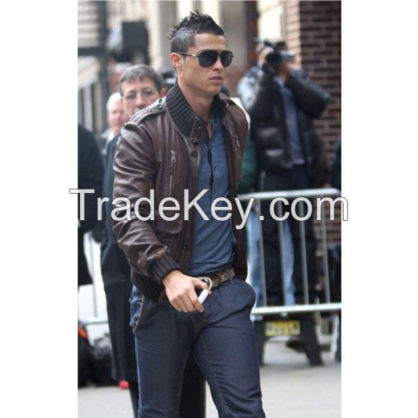 CRISTIANO RONALDO BROWN BOMBER LEATHER JACKET