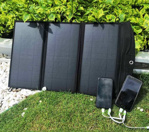 Solar Sun Charger 28W Portable Folding Phone Charger with Solar Panel Outdoor 5V Dual USB Charging Solar Powered Blue Blanket