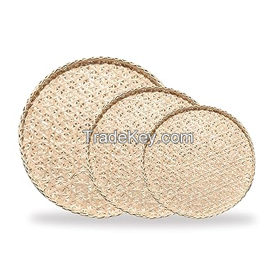 SET OF 3 HANDWOVEN BAMBOO FLAT BASKETS / PERFECT GIFT FOR MOMÃ¢ï¿½ï¿½S HOME