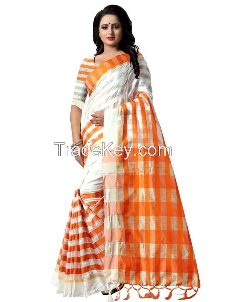 White Orange Checked Dupion Silk Saree