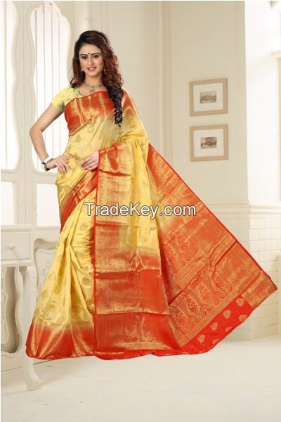 Beige &amp; Red Jacquard Silk Saree