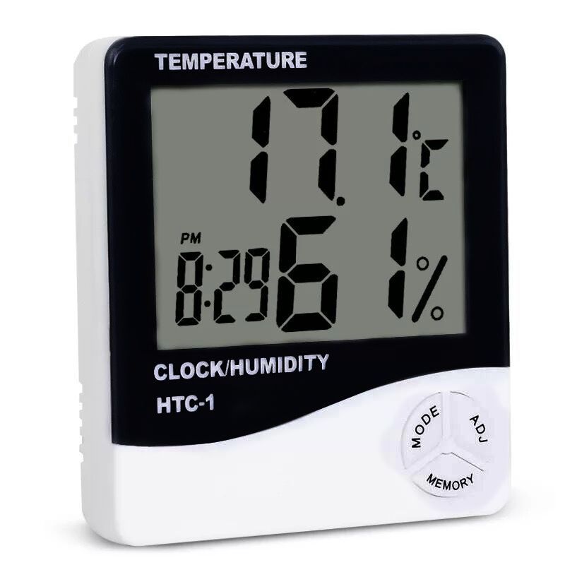 LCD display digital temperature humidity meter, temperature hygrometer with clock HTC-1