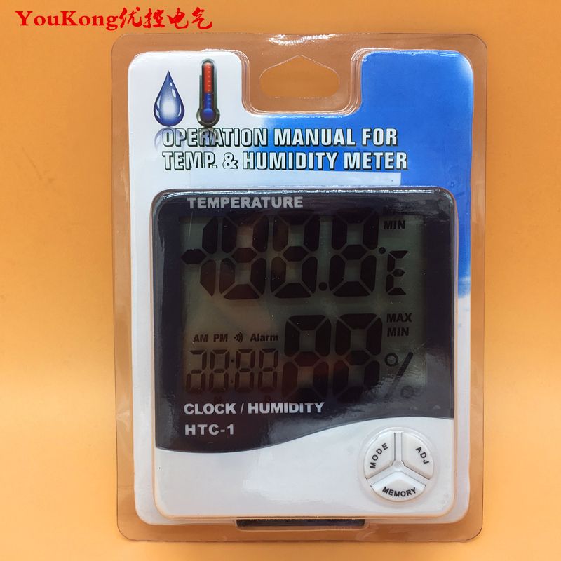 LCD display digital temperature humidity meter, temperature hygrometer with clock HTC-1