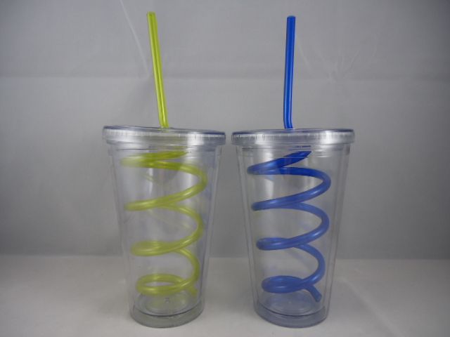 Acrylic plastic water cup double wall AS PS drinking juicer tumbler cup with straw