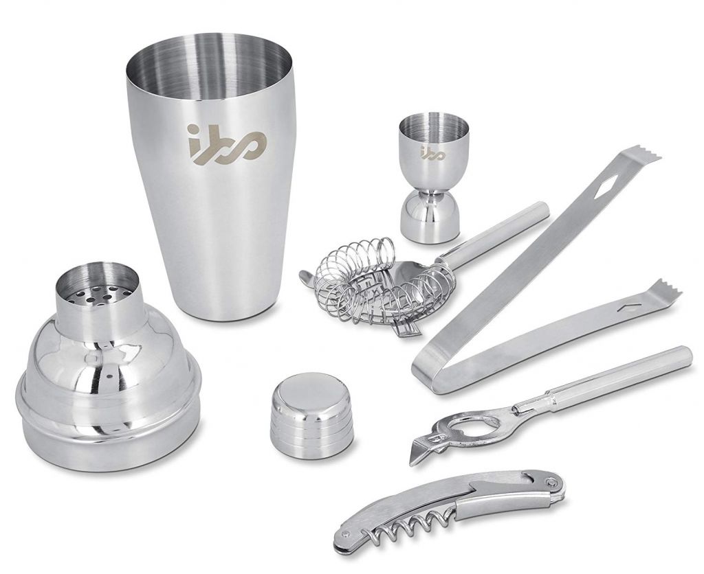 7 Piece Cocktail Shaker Bar Set Premium Stainless Steel Drink Martini Shaker Bundle - Shaker, Strainer, Jigger, Corkscrew, Ice Tongs, Wine Opener Stand Bonus 150 Cocktails EBOOK Silver JS144