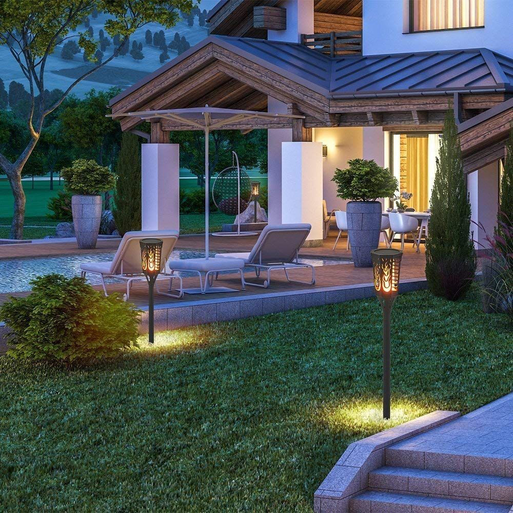 Solar Light with Flickering Flame, Waterproof Outdoor 96 LED Tiki Torches Landscape Decoration Lighting Dusk to Dawn Auto On/Off Solar Pathway Light for Garden Patio Deck Yard Driveway SL129