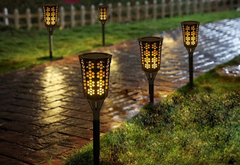 Solar Lights 96 LED Flickering Flame Solar Lights Outdoor Decoration Lighting with Auto On/Off Dusk Warm Lamp for Deck Wall Step Yard Fence Patio Garden Driveway SL113