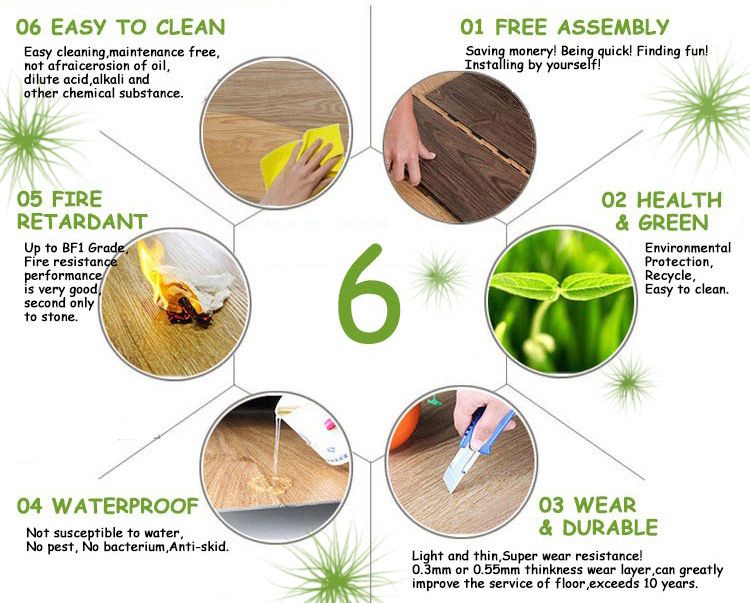 PVC floor tiles with modular flexibility unique design realism wooden effect durability antimicrobial antibacterial