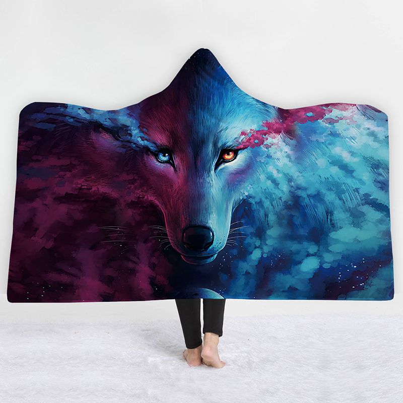 3d wolf printing fleece double throw hooded blanket