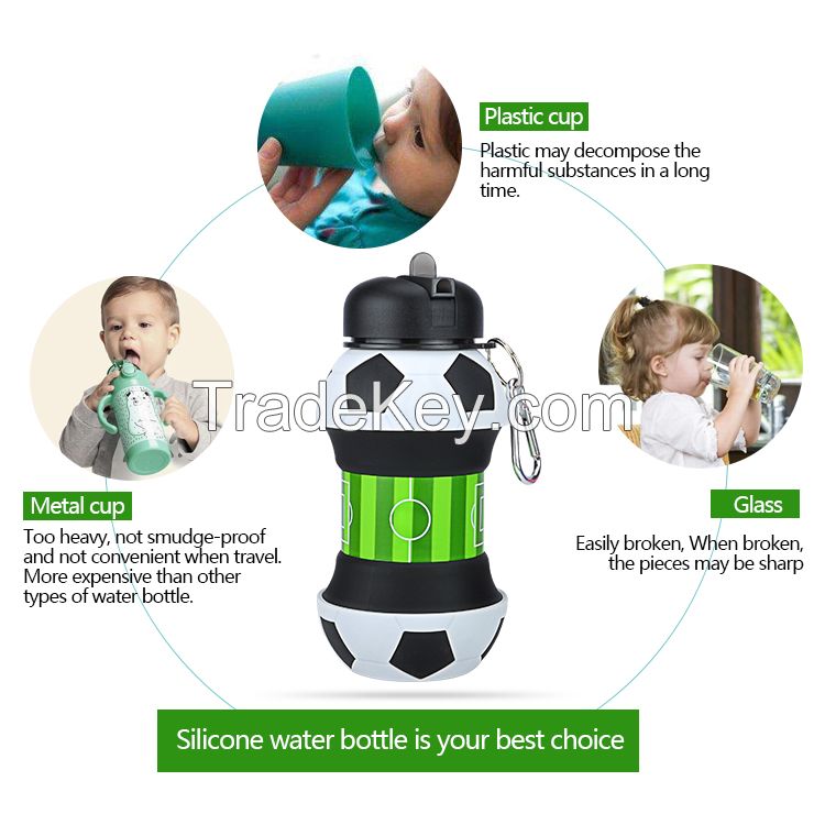 Popular Kids Sport Soccer Silicone Drink Foldable Water Bottle BPA Free