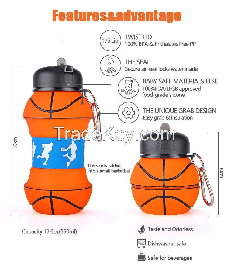 Basketball Shaped Fitness Portable Silicone Fold Drinking Bottle