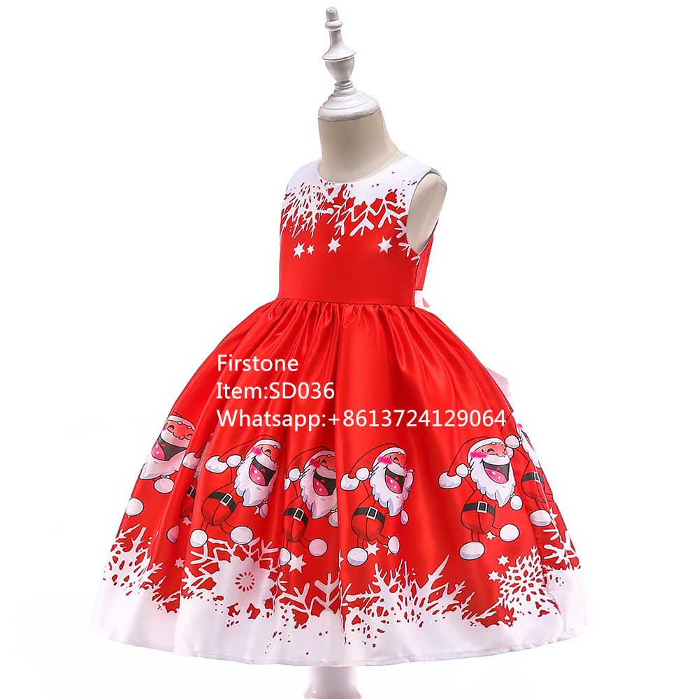 High Quality Kids Carnival Costume Girls Satin Santa Claus Print Pattern Christmas Party Dress SD036