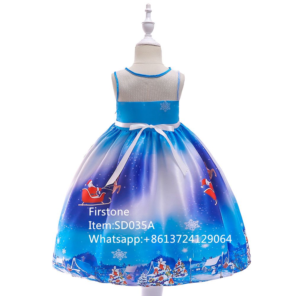 Fashion Satin Print Kids Party Dress Baby Christmas Frock Girl Garments SD035A