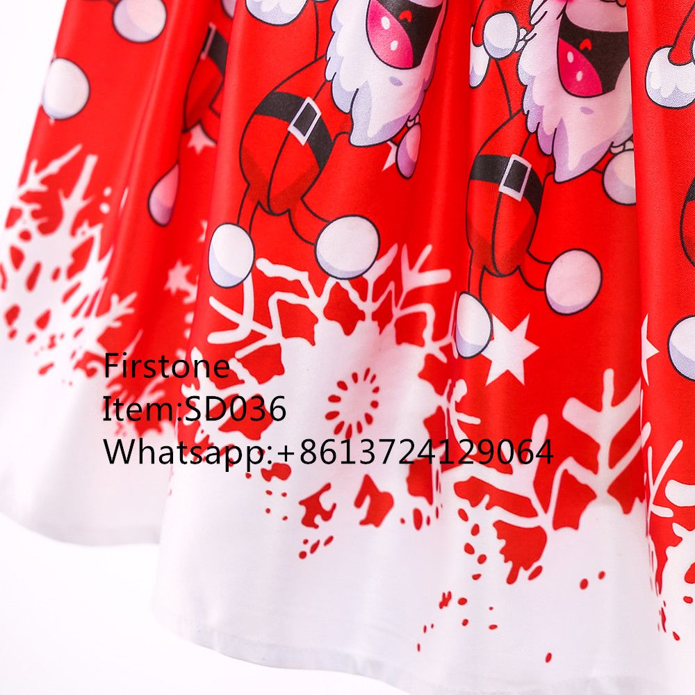 High Quality Kids Carnival Costume Girls Satin Santa Claus Print Pattern Christmas Party Dress SD036