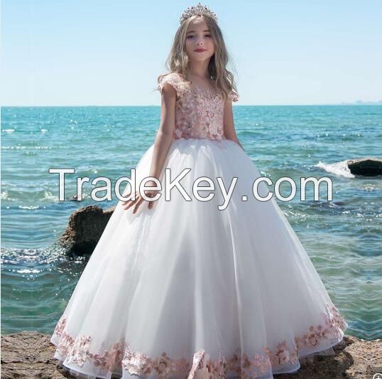 Handwork Girls Party Ball Gowns Chiffon Kids Wedding Dresses