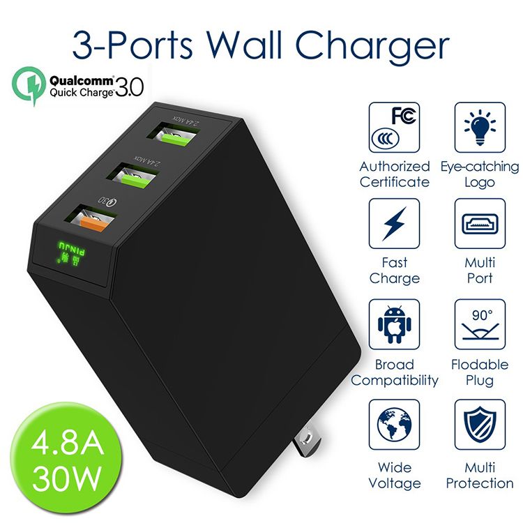 Multiport Phone Charger QC3.0 Fast Charger Mobile Adapter 4.8A Travel Charger with Foldable Plug and LED display