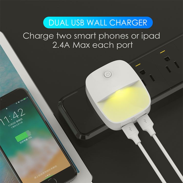 Night Light,Sensor Light,LED Light,Dual USB Wall Charger Multi-color Bedside Lamp