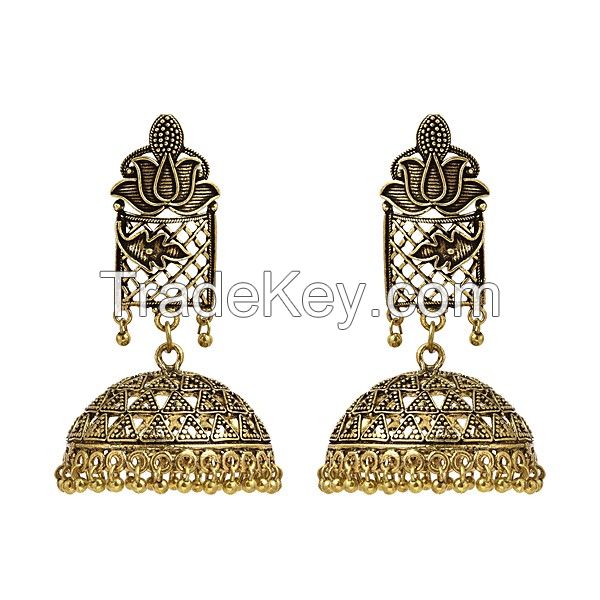 Lotus And Net Designed Gold Plated Ethnic Jhumki/Jhumka Earrings For Women