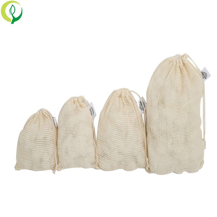 Biodegradable  drawstring reusable blank 100% organic small cotton mes