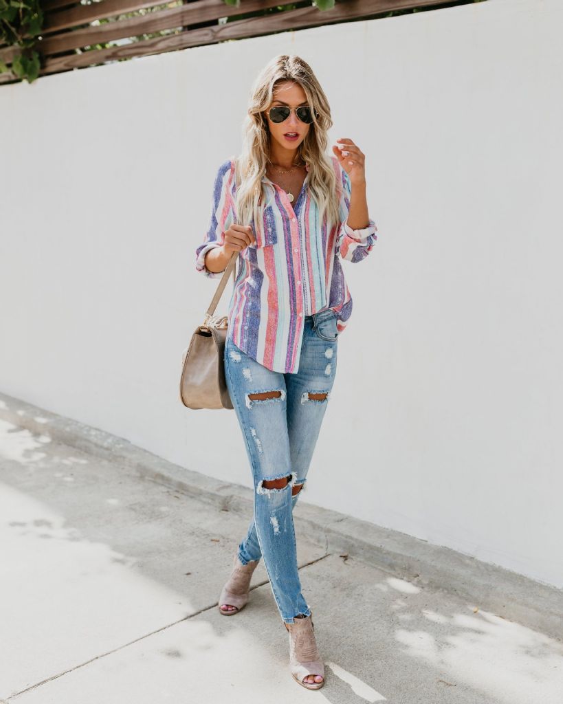 European and American fashion color stripe shirt