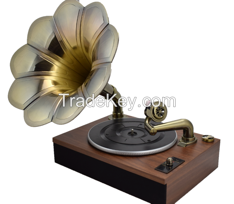 Factory supply Classic Antique gramophone record player, retro phonograph with big horn speaker