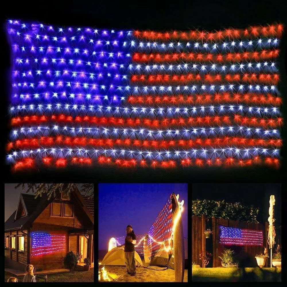 American Flag 390 LED String Lights Large USA Flag Outdoor Lights Waterproof Hanging Ornaments for Independence Day, Festival Decoration