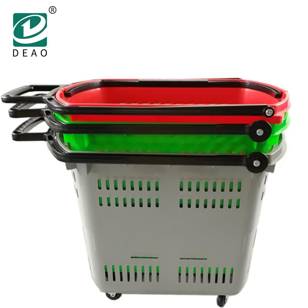 Plastic Supermarket Shopping Rolling Basket with Two Handles and Four Wheels