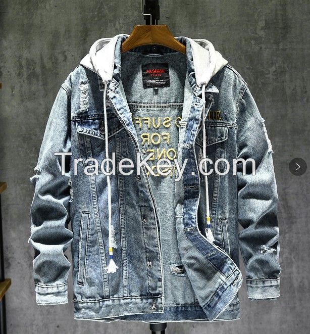 MEN&#039;S DENIM HOODIE CAP JACKET HEAVY STONE ABRASION WASHED