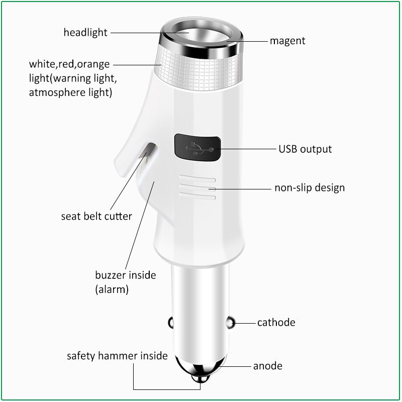 2019 new multifunctional car charger with power bank flashlight hammer