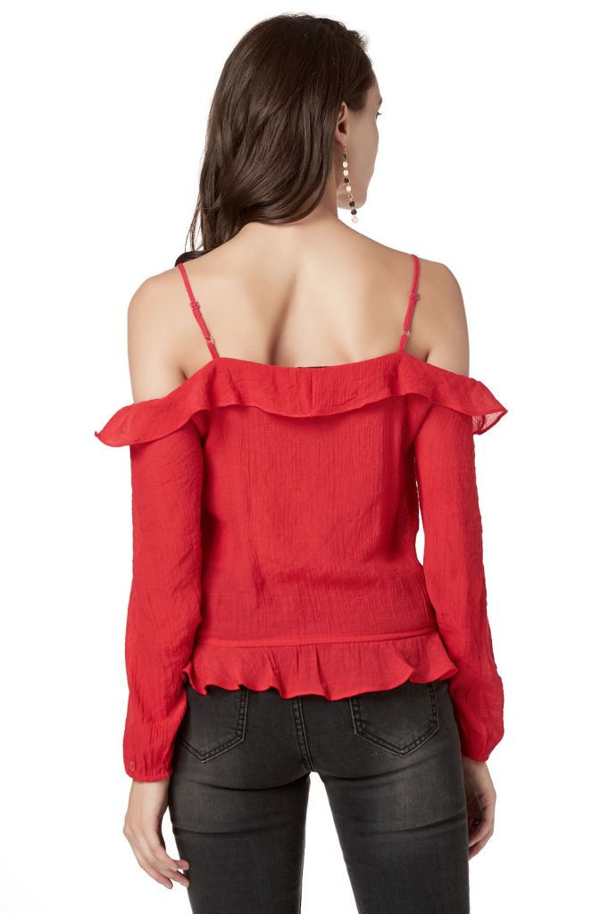 Off Shoulder Tops For Women Ruffle V Neck Long Sleeve Red Blouses For Women's Sexy Mini Tops