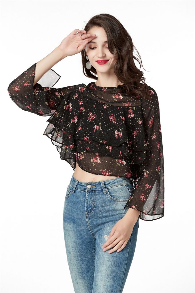 Chiffon Print Blouses , Ruffle Long Sleeve Tops for Women , Round Neck Pullover Fashional Sexy Crop Blouses Tops