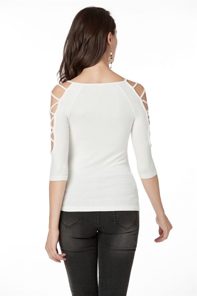 3/4 Sleeve Top Women, Knit Rib T-shirts With Cross Binding Functional On Two Sides Of Shoulder