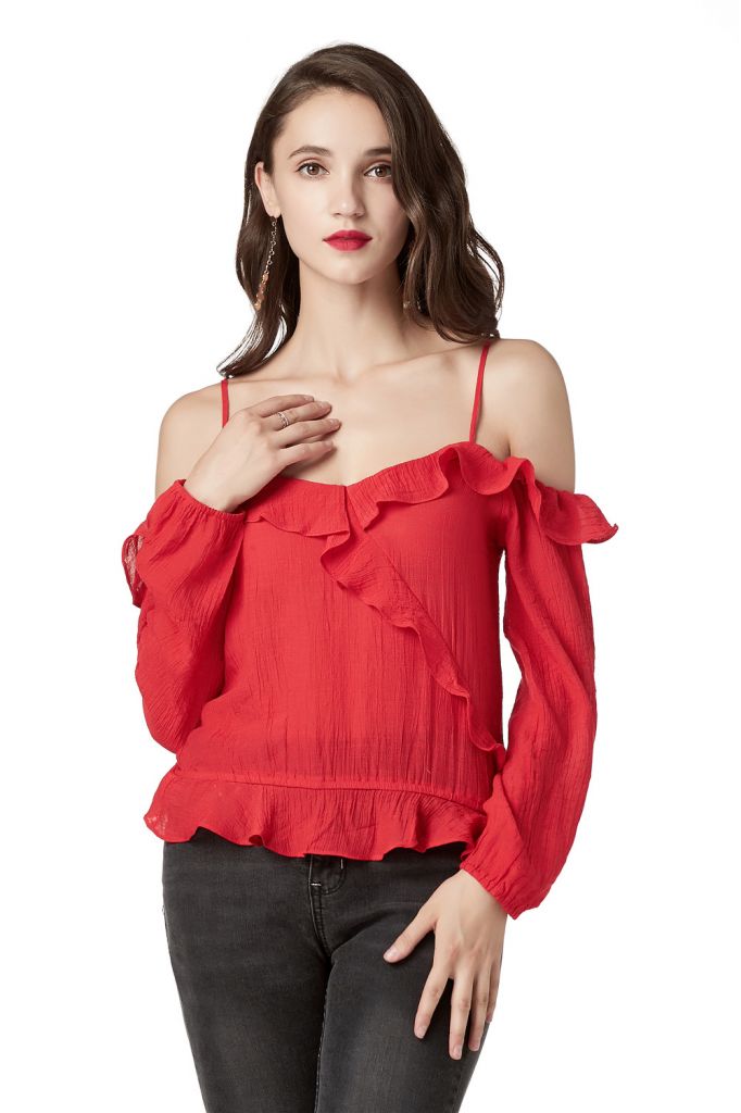 Off Shoulder Tops For Women Ruffle V Neck Long Sleeve Red Blouses For Women's Sexy Mini Tops