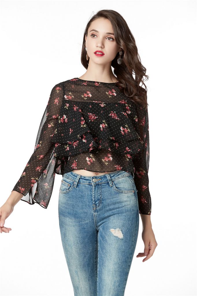 Chiffon Print Blouses , Ruffle Long Sleeve Tops for Women , Round Neck Pullover Fashional Sexy Crop Blouses Tops