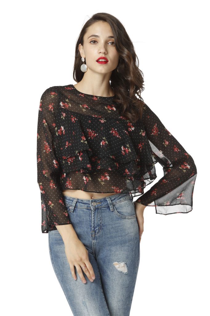 Chiffon Print Blouses , Ruffle Long Sleeve Tops For Women , Round Neck Pullover Fashional Sexy Crop Blouses Tops