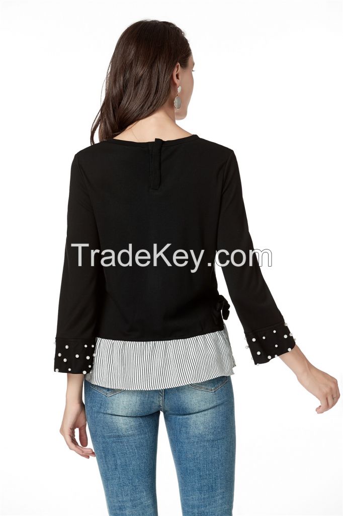 Black Long Sleeve Blouses for Women, Round Neck Cute Tops with Pearls on Cuff and Contrast Stripe on Hem 