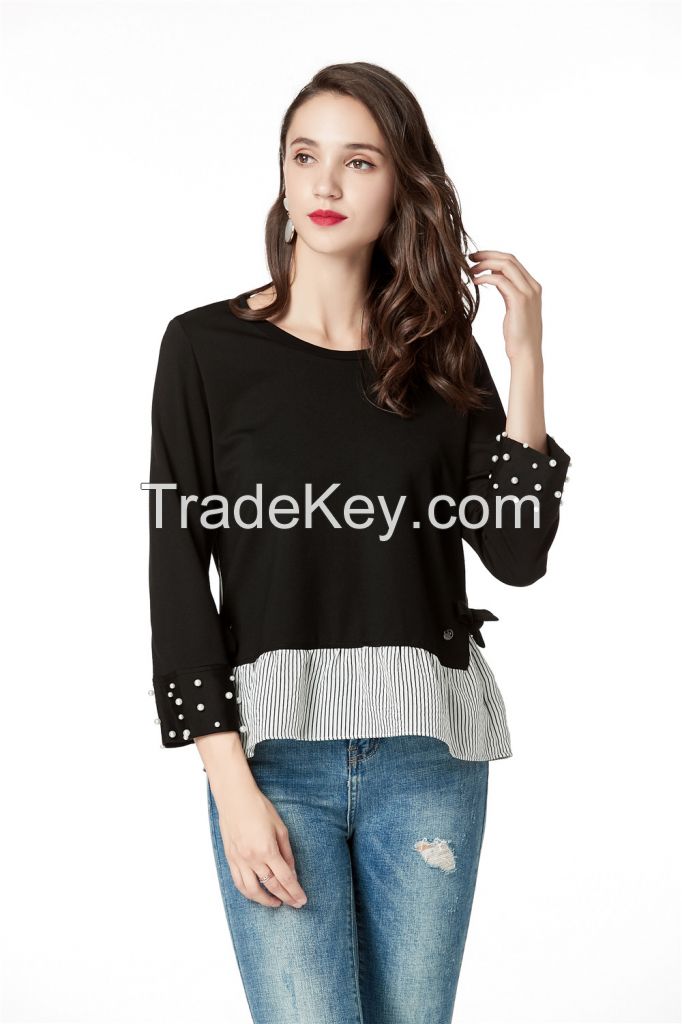 Black Long Sleeve Blouses For Women, Round Neck Cute Tops With Pearls On Cuff And Contrast Stripe On Hem 