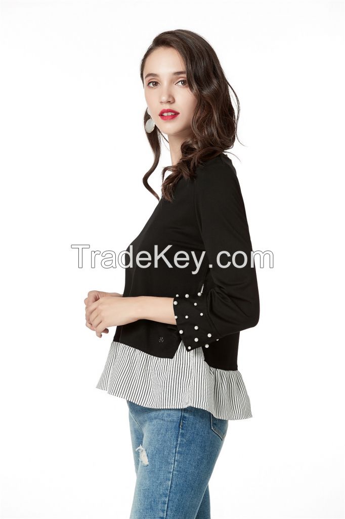 Black Long Sleeve Blouses For Women, Round Neck Cute Tops With Pearls On Cuff And Contrast Stripe On Hem 