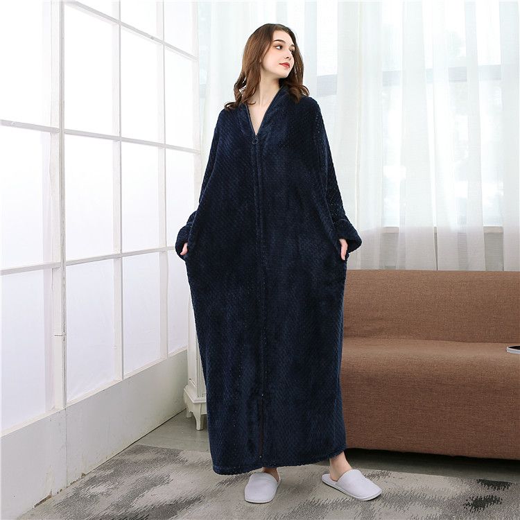 Ladies Zip Fleece Waffle Long Dressing Gown Fluffy Towelling Bathrobe Sleepwear 