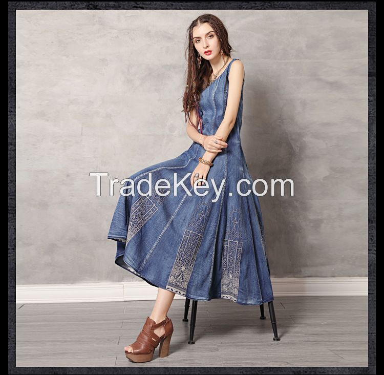 Summer new round collar vest skirt vintage embroidery cowboy big denim dress