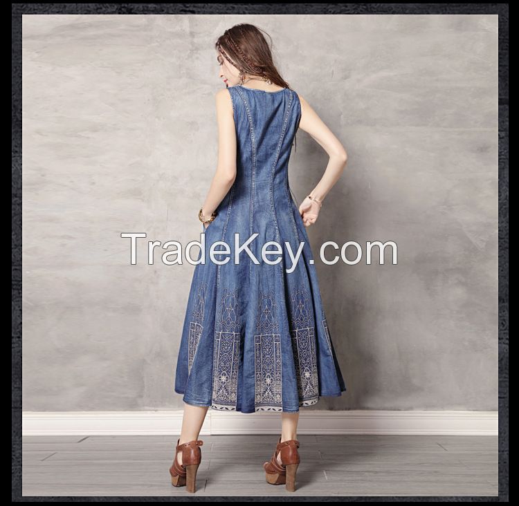 Summer new round collar vest skirt vintage embroidery cowboy big denim dress